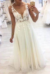 Unique V Neck Lace Applique Long Prom Dress A Line Tulle Formal Dresses DMQ37